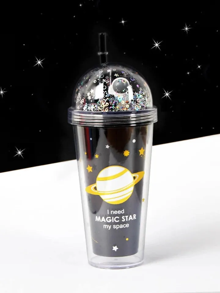 Cute Cartoon Creative Space Planet Design Straw Cups Water Bottle Tumbler Flask - 450ml