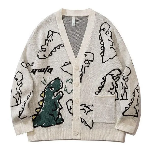 Dinosaur Print Oversized Knitted Women's Cardigan: A Cute and Casual Must-Have for Fans of Dinosaurs