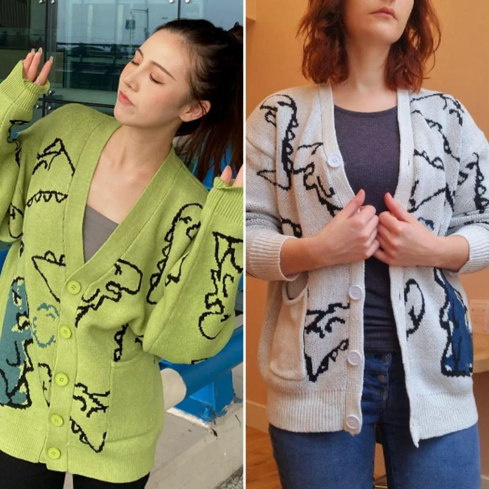 Dinosaur Print Oversized Knitted Women's Cardigan: A Cute and Casual Must-Have for Fans of Dinosaurs