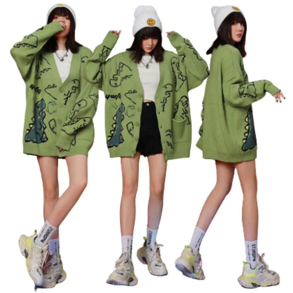 Dinosaur Print Oversized Knitted Women's Cardigan: A Cute and Casual Must-Have for Fans of Dinosaurs