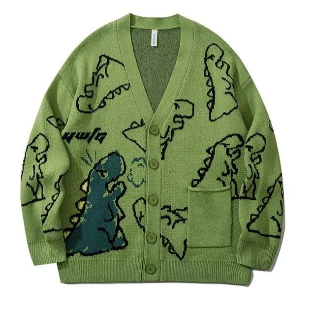 Dinosaur Print Oversized Knitted Women's Cardigan: A Cute and Casual Must-Have for Fans of Dinosaurs