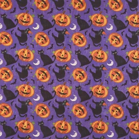 Festive Felines - Pumpkin and Cat Toss Purple Yardage