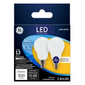 GE 24949 Candelabra Base Frost A15 Ceiling Fan LED Bulb, Soft White, 5.5W, 2-Pk