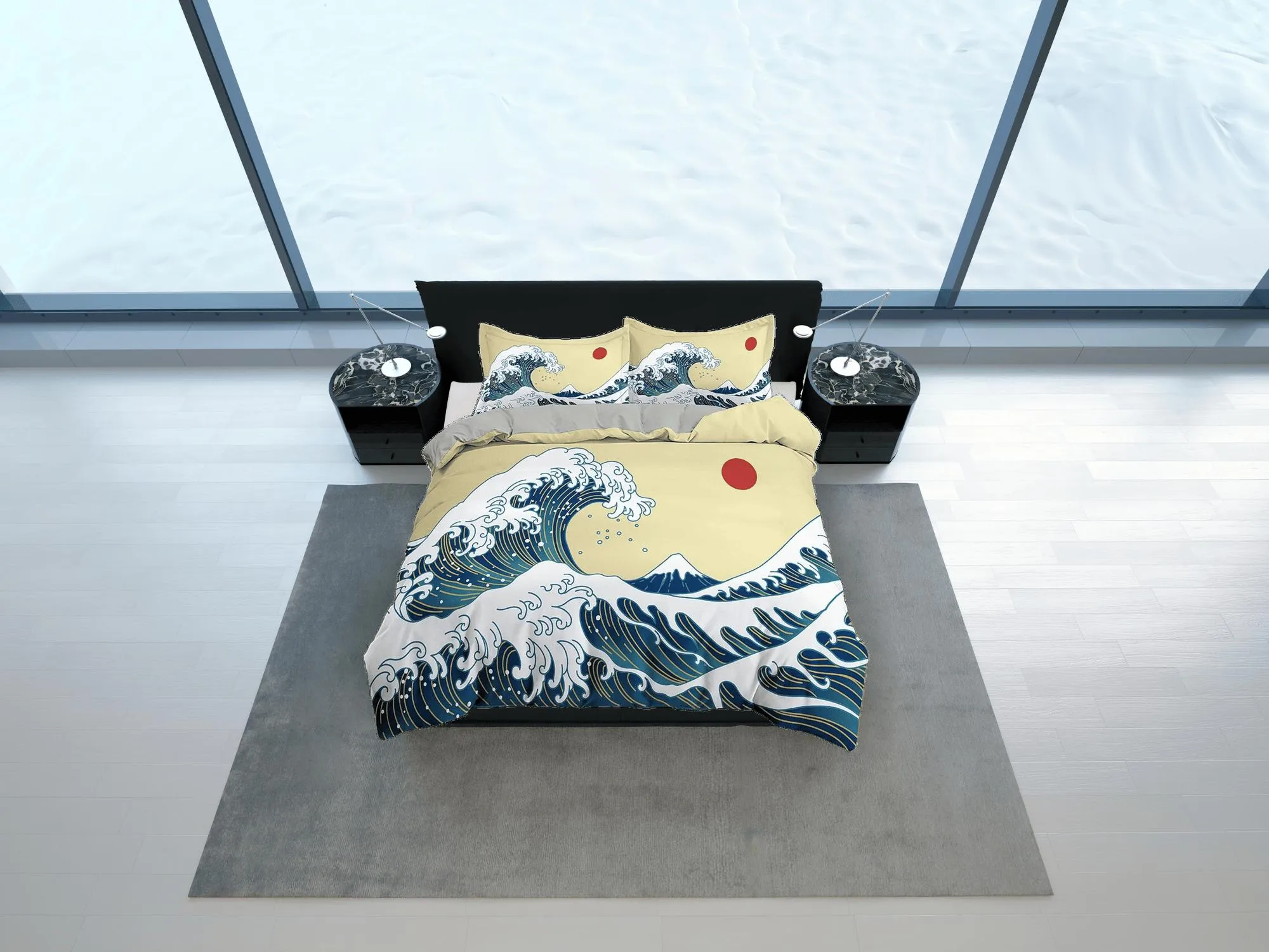 Great Wave Bedding, Hippie Bedding, Japanese Duvet Cover Set, Hokusai Art, Aesthetic Yellow Duvet Cover King Queen Full Twin Double Single