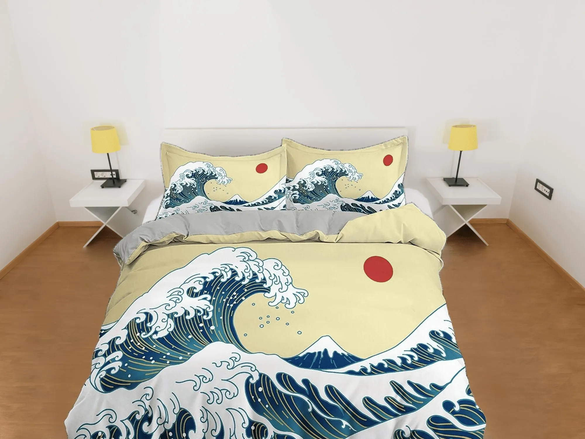 Great Wave Bedding, Hippie Bedding, Japanese Duvet Cover Set, Hokusai Art, Aesthetic Yellow Duvet Cover King Queen Full Twin Double Single