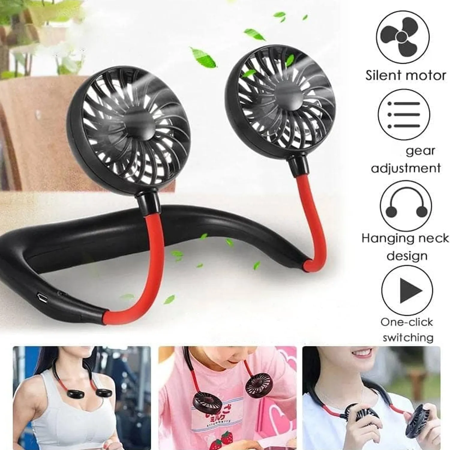 Hand Free Personal Fan - Portable USB Battery Rechargeable With Battery Comaprtment Mini Fan - Headphone Design Wearable Neckband Fan Necklance Fan Cooler Fan for Home, Sport, Camping, Beach, Travel, Office (Battery Not Included)