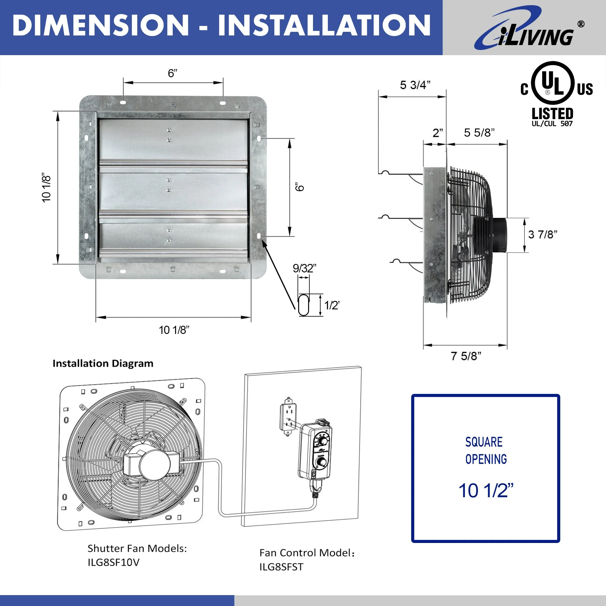 ILG8SF12V-ST - iLIVING 12" Shutter Exhaust Fan with Thermospeed(TM) controller, 65W, 960 CFM, Silver