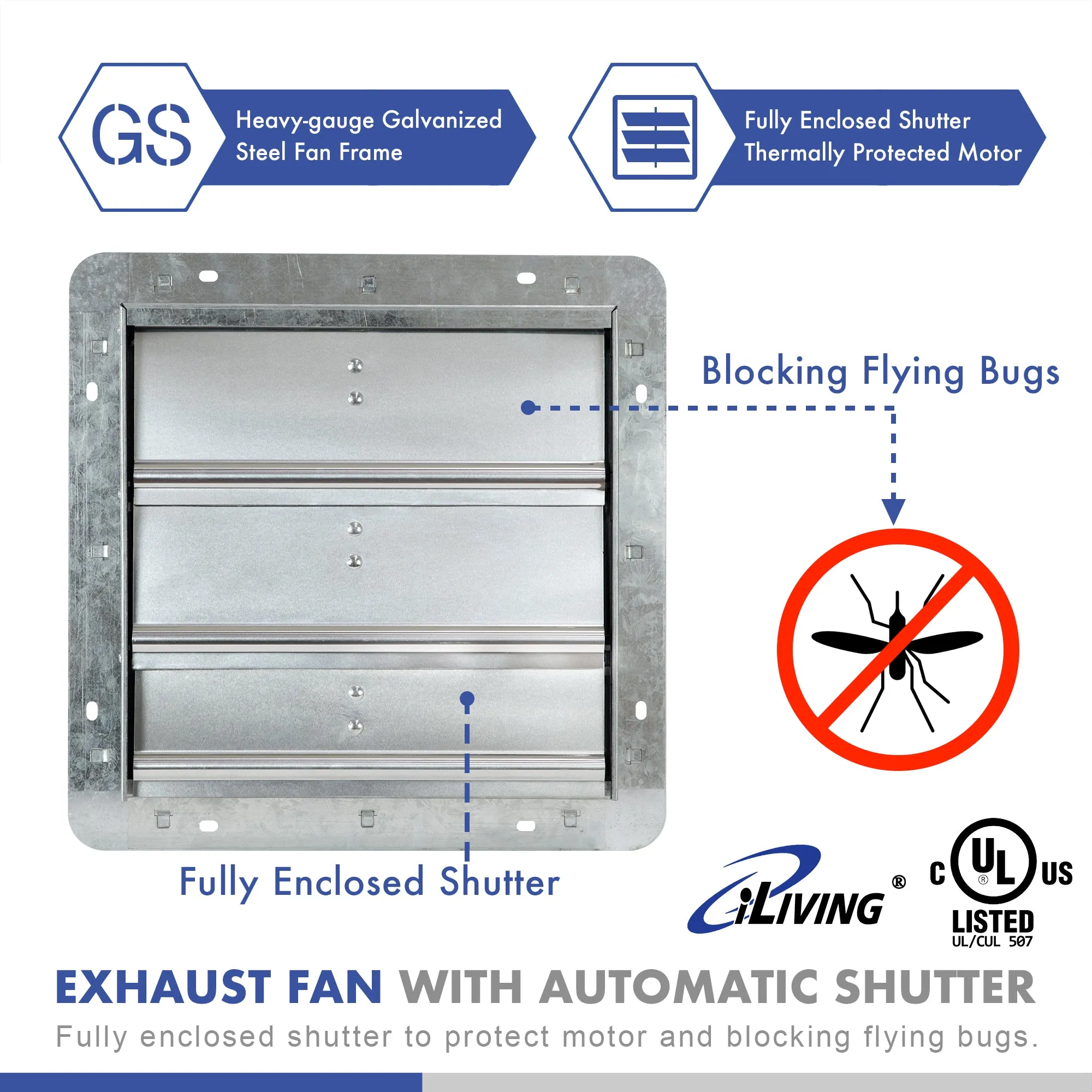 ILG8SF12V-ST - iLIVING 12" Shutter Exhaust Fan with Thermospeed(TM) controller, 65W, 960 CFM, Silver