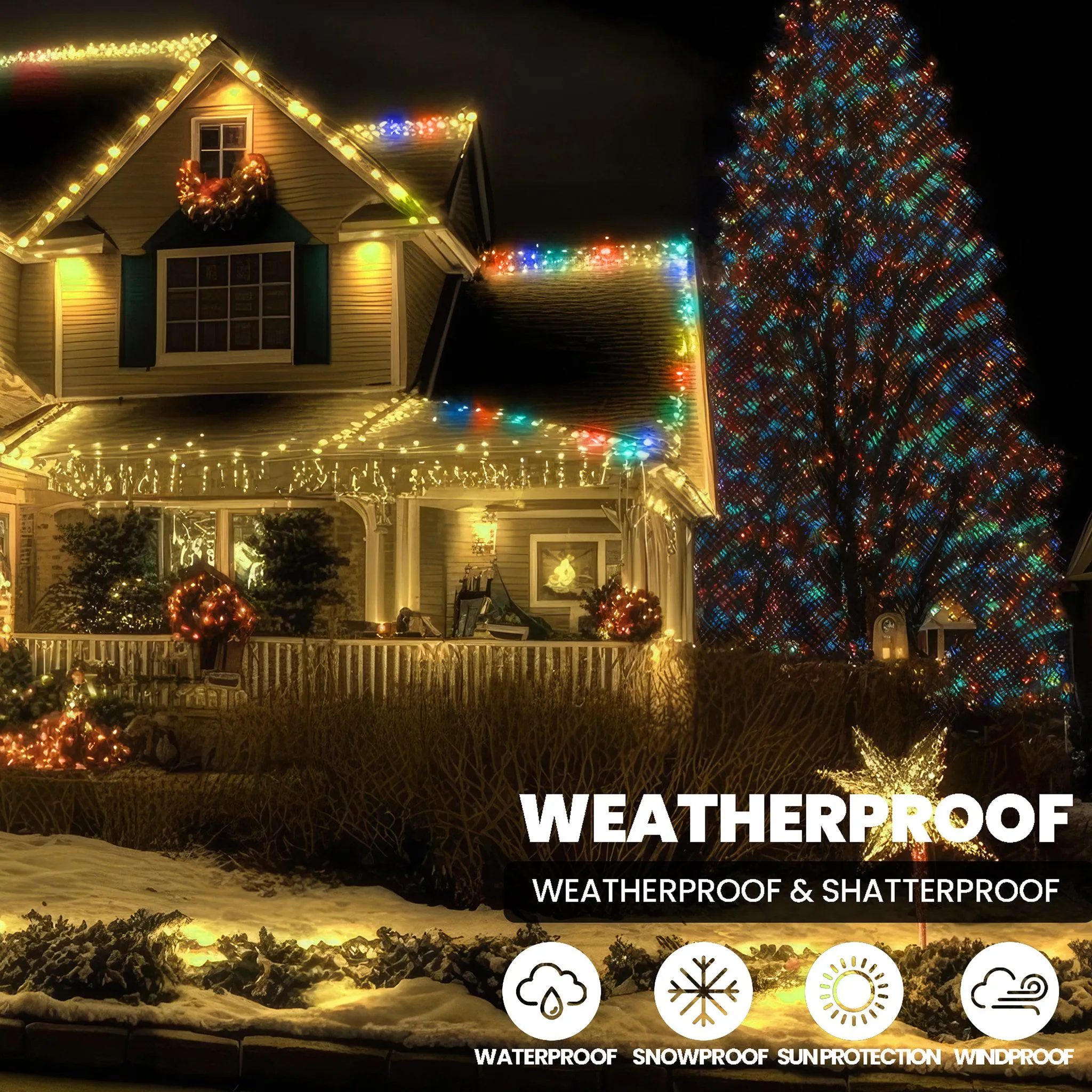 Indoor/Outdoor 8 Function LED Waterproof Fairy Lights with Green Cable (400 Lights - 32M Cable) - Multicoloured Lights