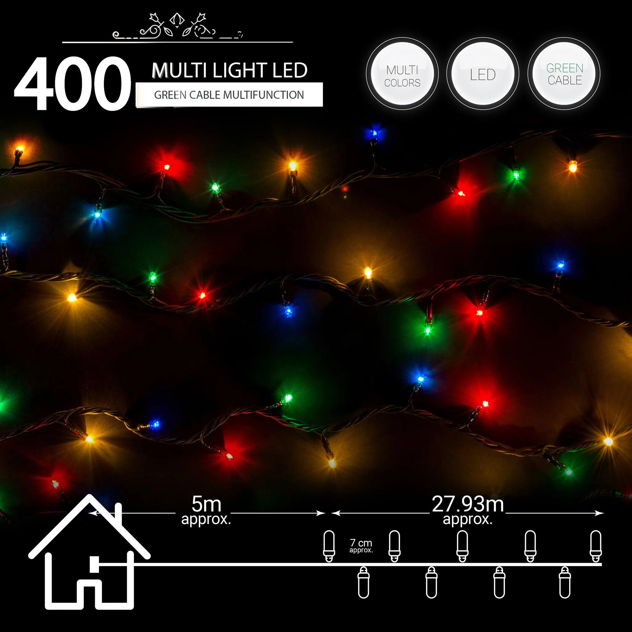 Indoor/Outdoor 8 Function LED Waterproof Fairy Lights with Green Cable (400 Lights - 32M Cable) - Multicoloured Lights