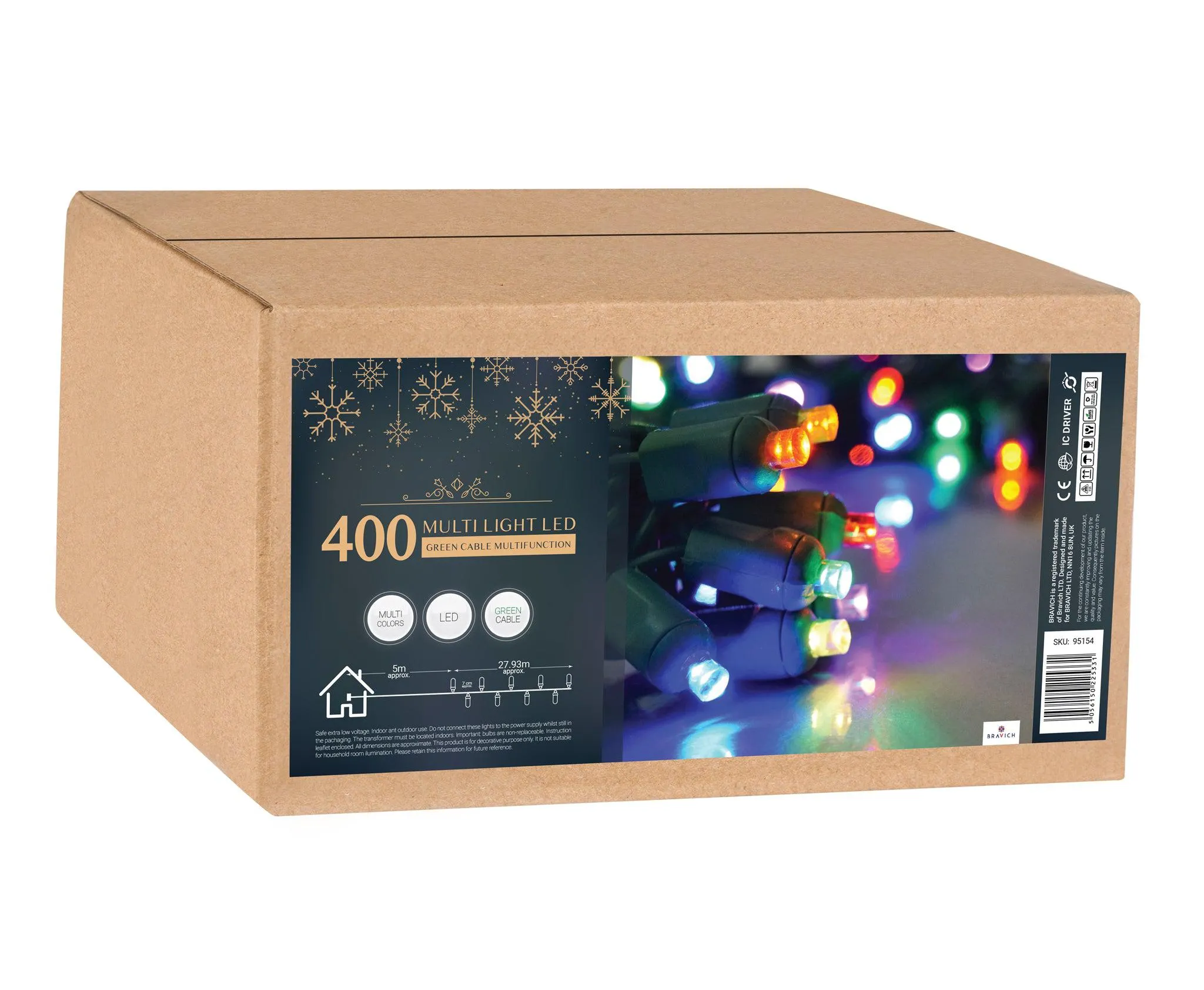 Indoor/Outdoor 8 Function LED Waterproof Fairy Lights with Green Cable (400 Lights - 32M Cable) - Multicoloured Lights