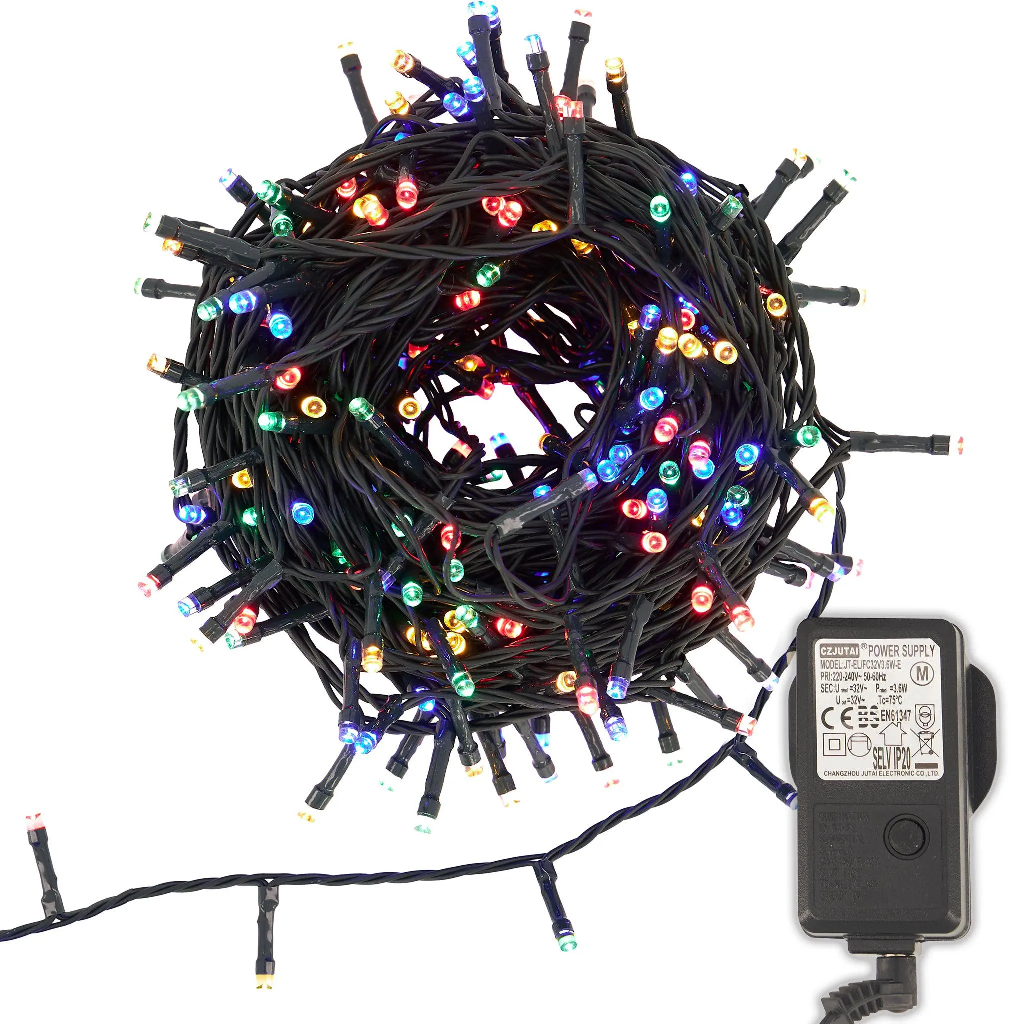 Indoor/Outdoor 8 Function LED Waterproof Fairy Lights with Green Cable (400 Lights - 32M Cable) - Multicoloured Lights