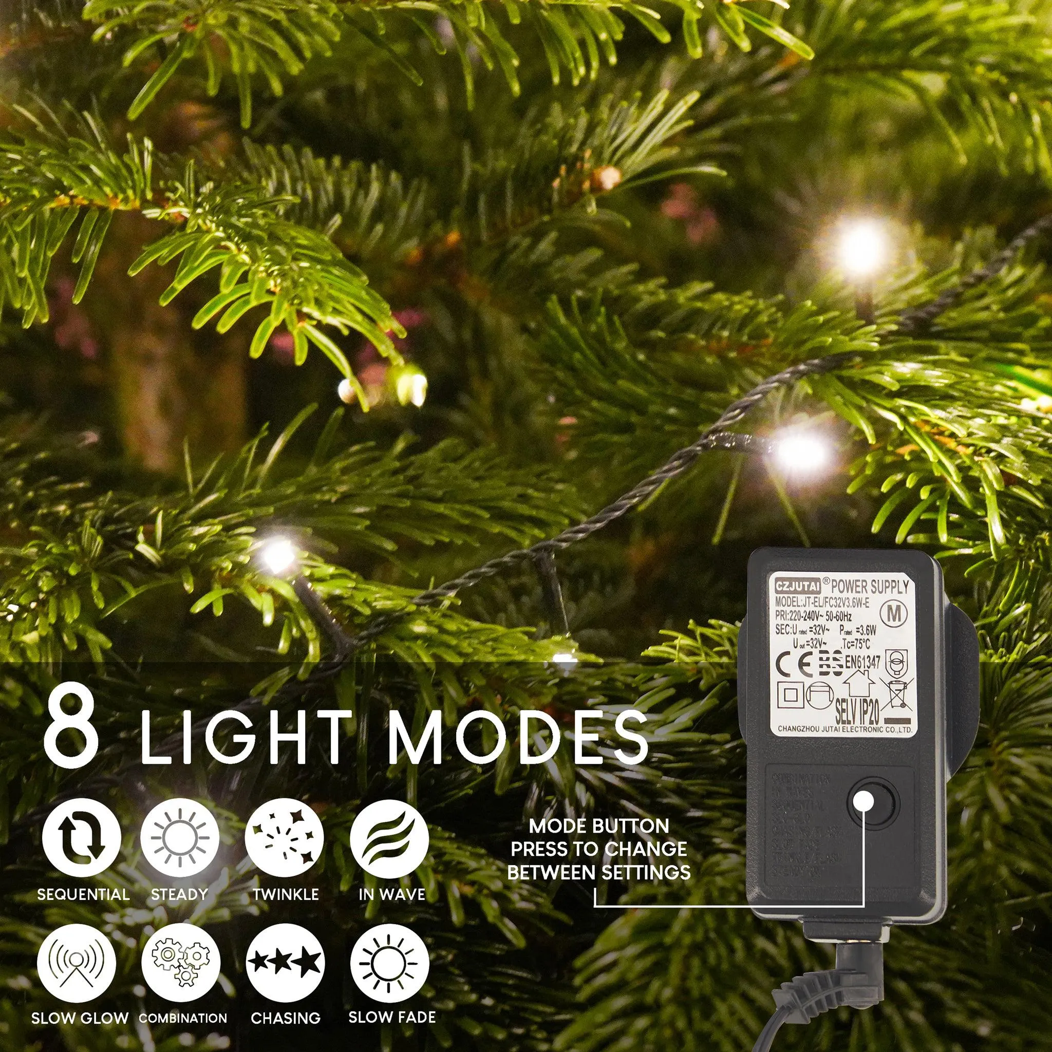 Indoor/Outdoor 8 Function LED Waterproof Fairy Lights with Green Cable (400 Lights - 32M Cable ) - Warm White Lights