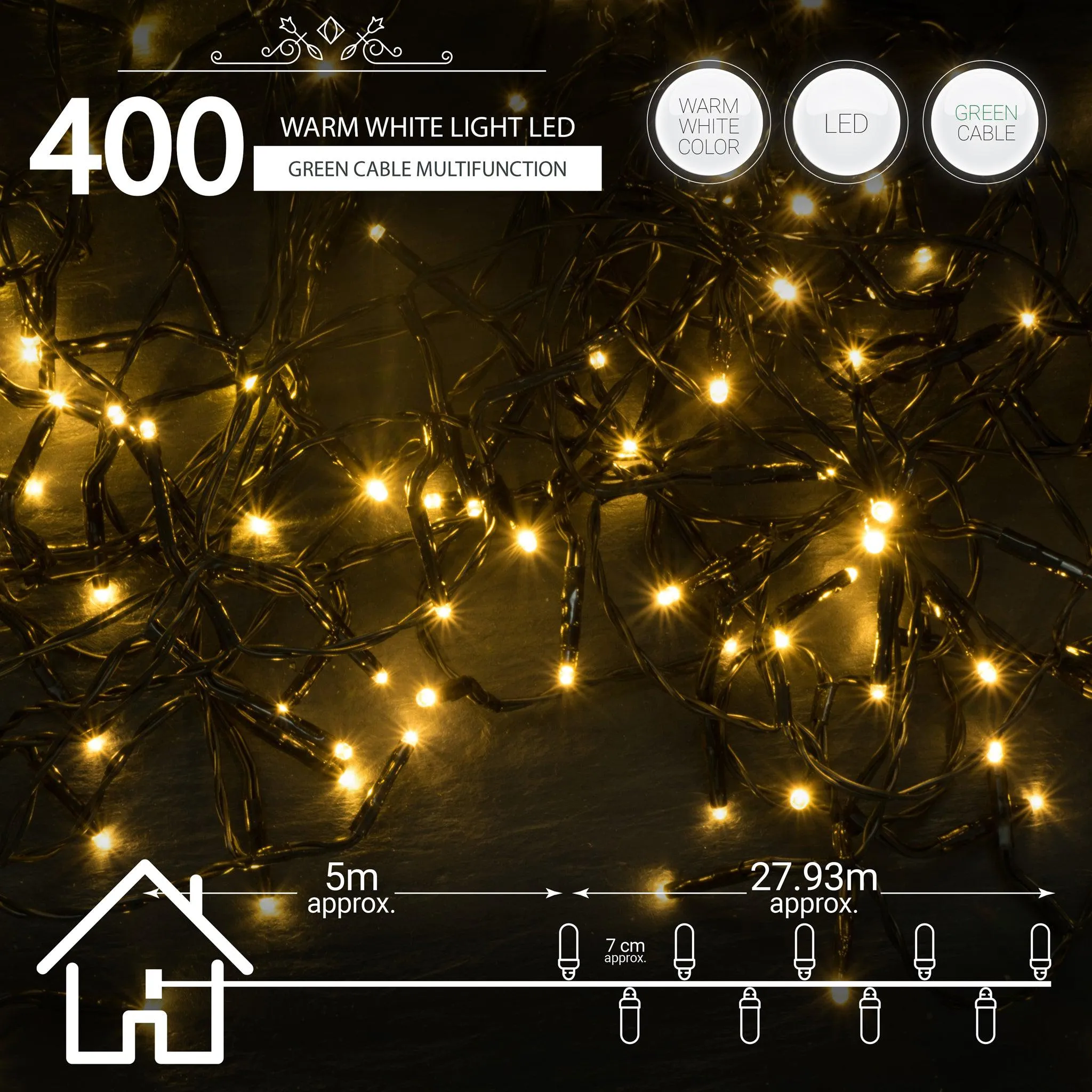 Indoor/Outdoor 8 Function LED Waterproof Fairy Lights with Green Cable (400 Lights - 32M Cable ) - Warm White Lights