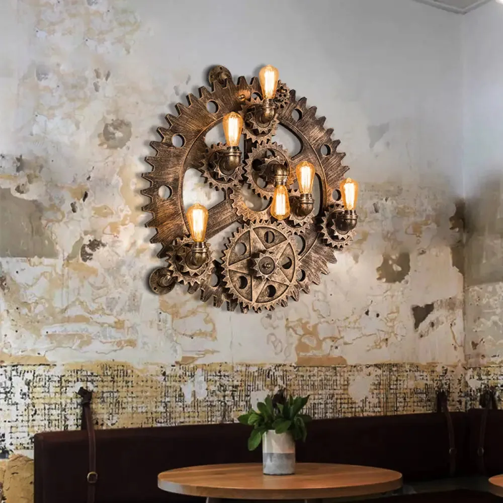 Industrial Iron Gear Wall Mount Sconce with Brass Finish and Exposed Bulb Design - 6 Lights