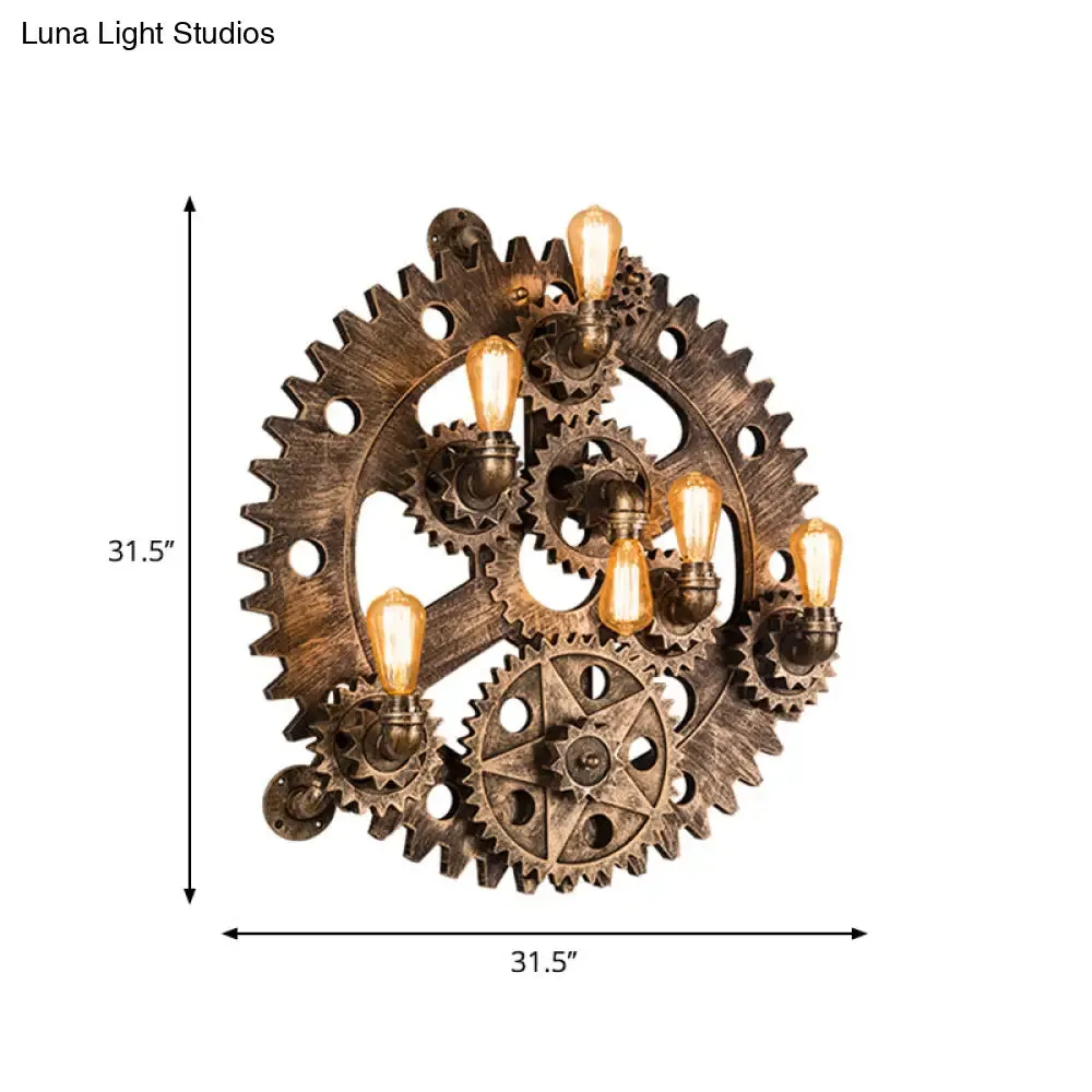 Industrial Iron Gear Wall Mount Sconce with Brass Finish and Exposed Bulb Design - 6 Lights