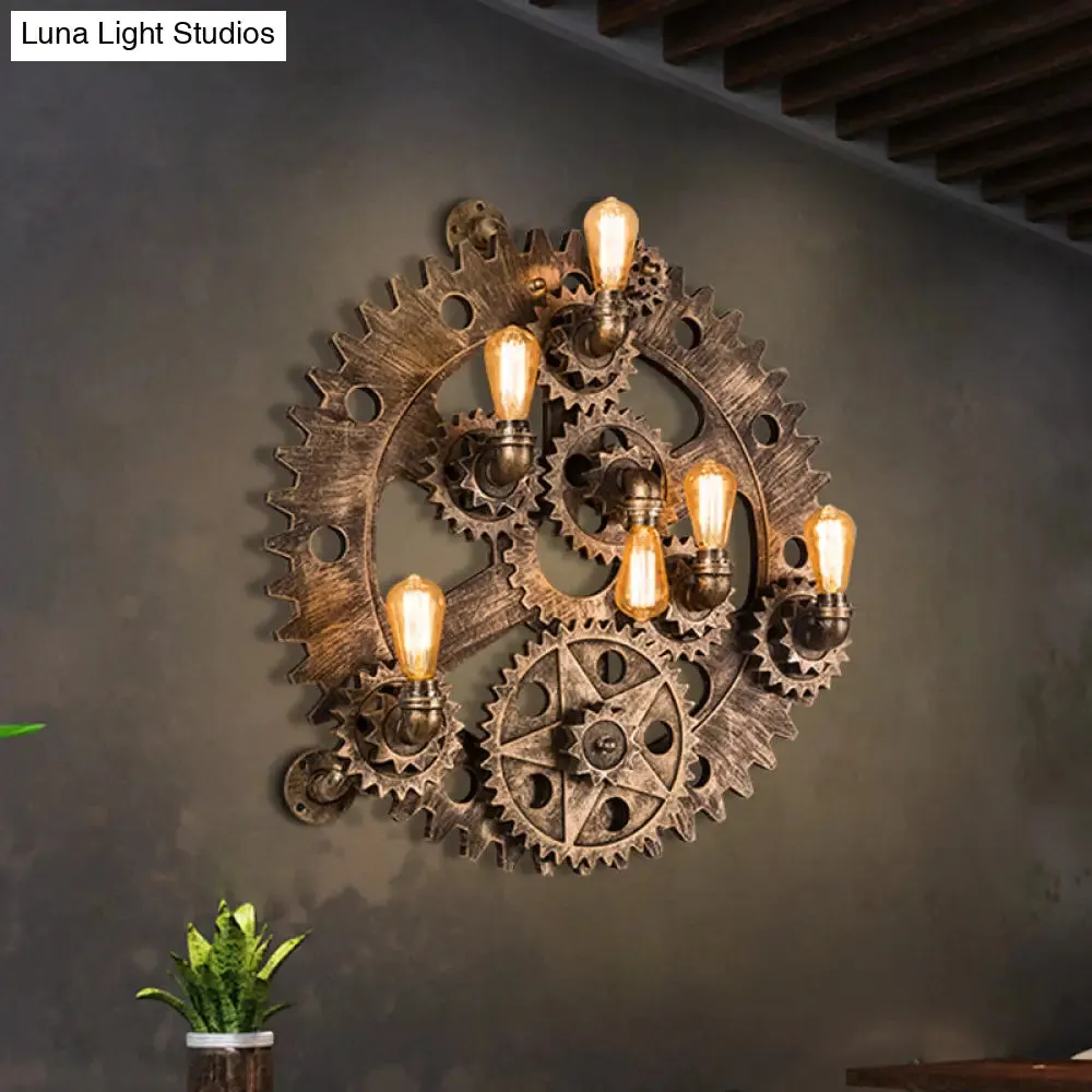 Industrial Iron Gear Wall Mount Sconce with Brass Finish and Exposed Bulb Design - 6 Lights