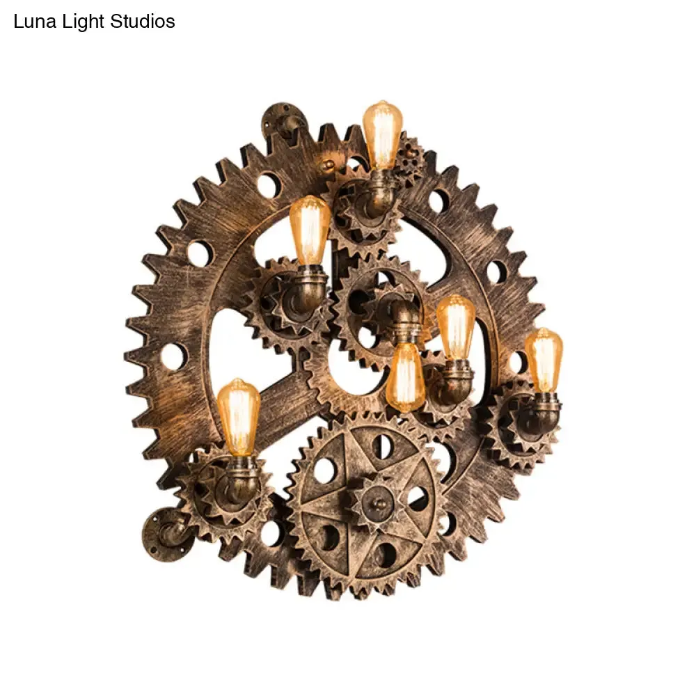 Industrial Iron Gear Wall Mount Sconce with Brass Finish and Exposed Bulb Design - 6 Lights