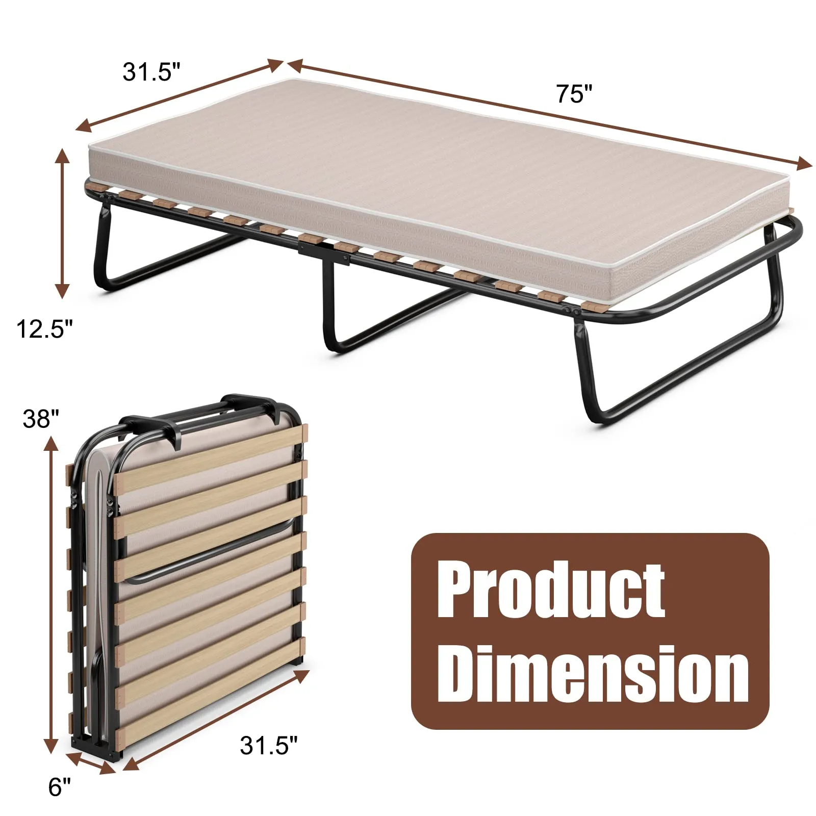 KOMFOTT Folding Bed Frame with Mattress Twin Size (2" or 4")