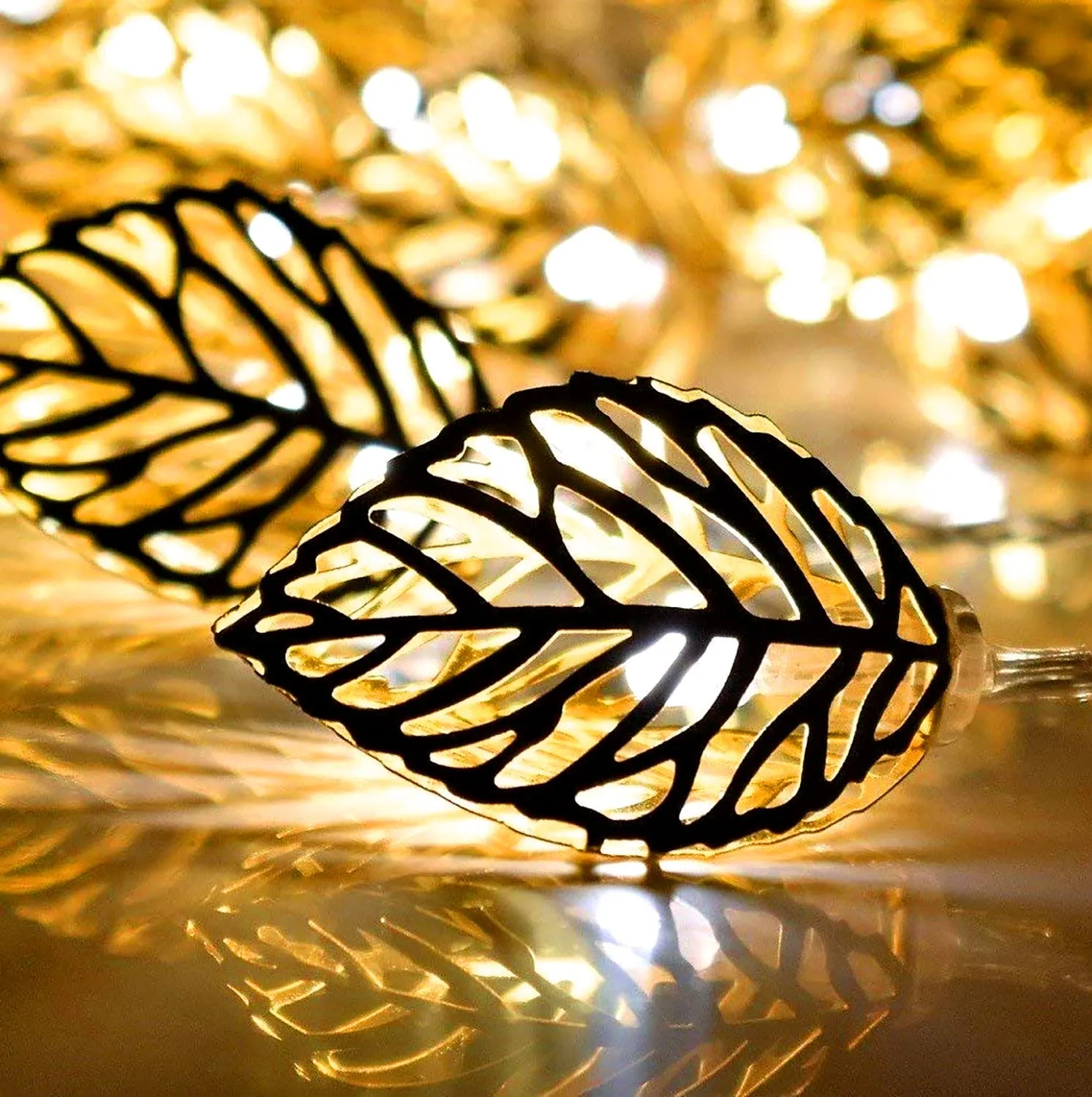 Kuber Industries Leaf Shape String Lights|Golden Metal Home Decoration Light|String Fairy Lights for Birthday Party,Diwali,Christmas,Navratri,14 LED (Warm White)