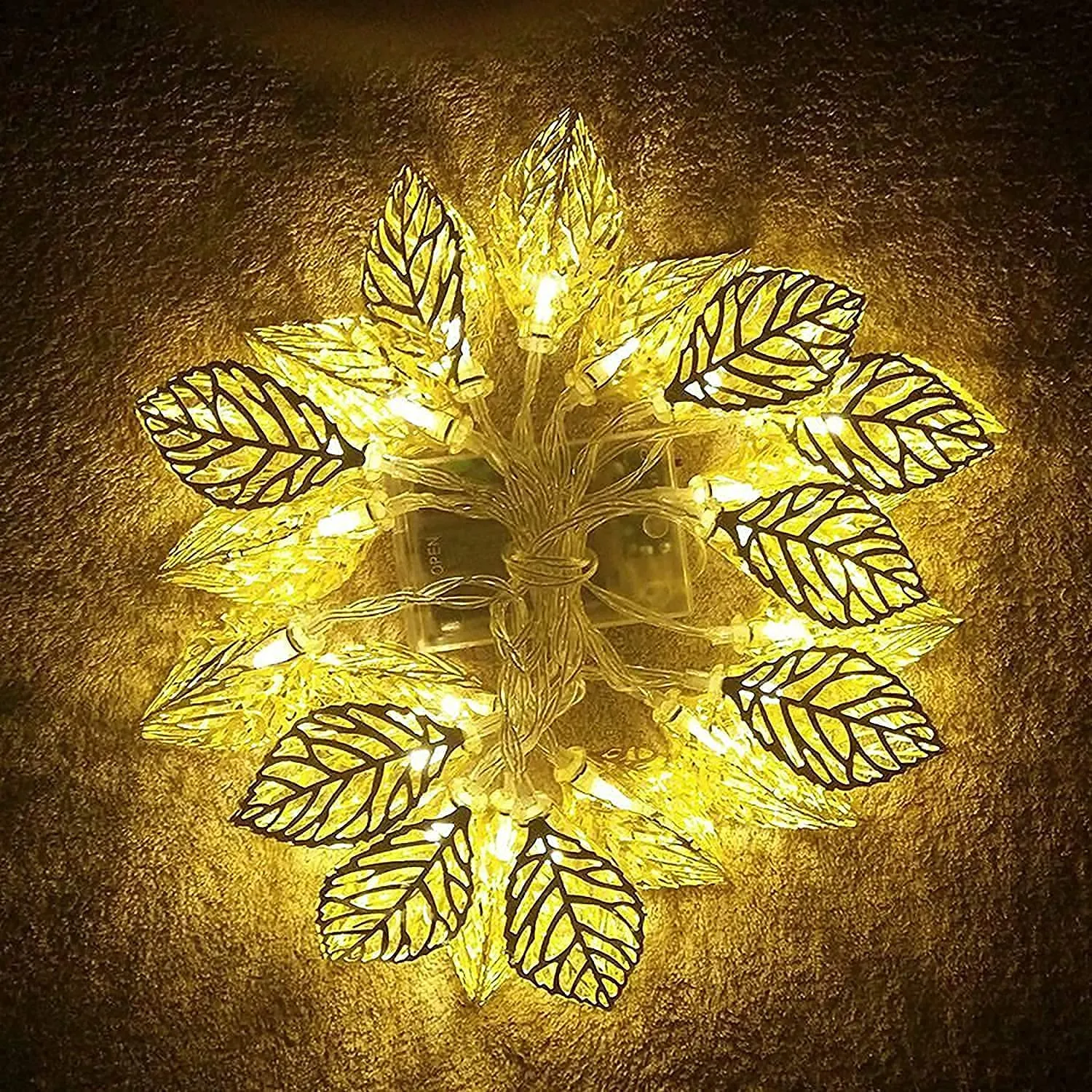 Kuber Industries Leaf Shape String Lights|Golden Metal Home Decoration Light|String Fairy Lights for Birthday Party,Diwali,Christmas,Navratri,14 LED (Warm White)