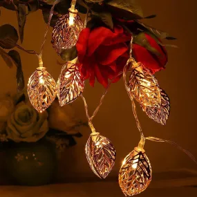 Kuber Industries Leaf Shape String Lights|Golden Metal Home Decoration Light|String Fairy Lights for Birthday Party,Diwali,Christmas,Navratri,14 LED (Warm White)