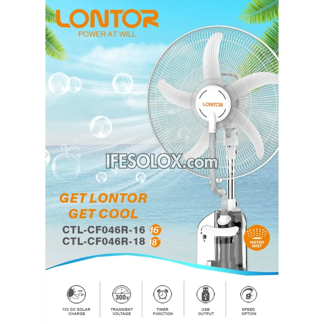 LONTOR 16" Rechargeable Solar Water Mist Standing Fan with 5-Blades and Remote (CTL-CF046R-16) - Brand New