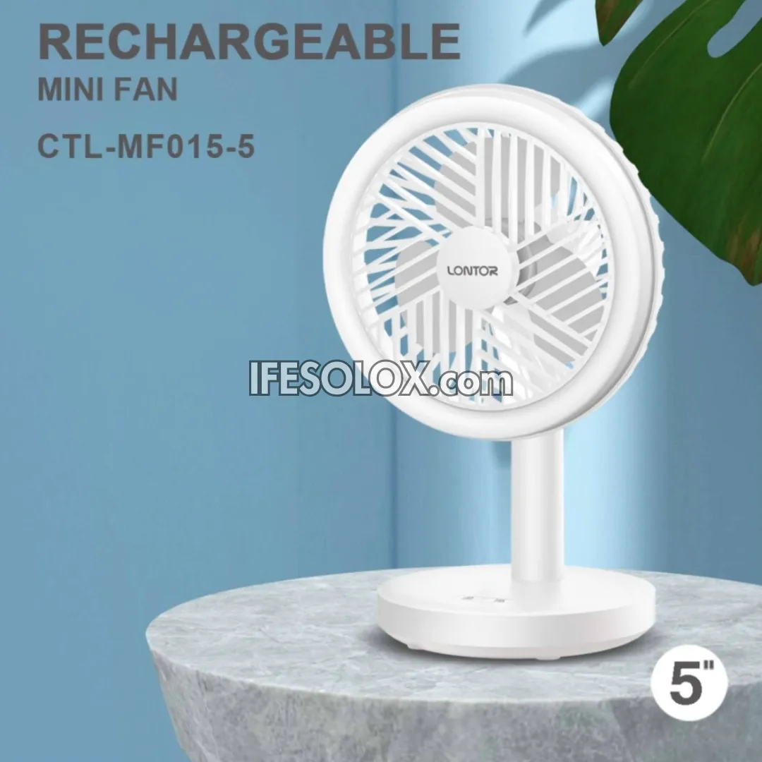 LONTOR 5" Rechargeable Mini Fan for Tables & Ceiling with 3-Blades and Harmonious Night Light (CTL-MF015-5) - Brand New