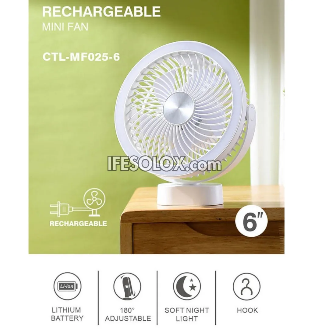 LONTOR 6" Rechargeable Mini Fan for Tables, Walls & Ceiling with 5-Blades and Harmonious Night Light (CTL-MF025-6) - Brand New