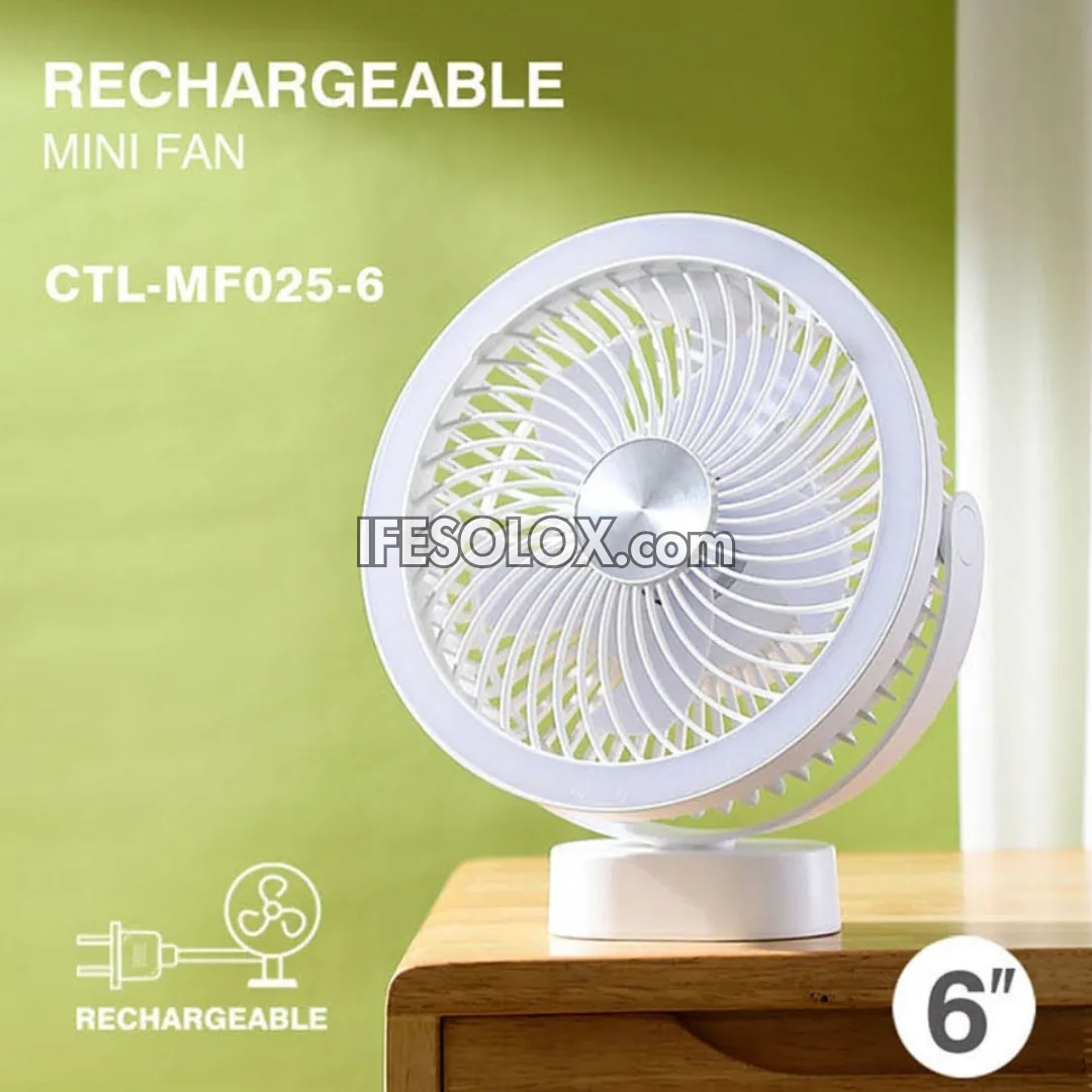 LONTOR 6" Rechargeable Mini Fan for Tables, Walls & Ceiling with 5-Blades and Harmonious Night Light (CTL-MF025-6) - Brand New