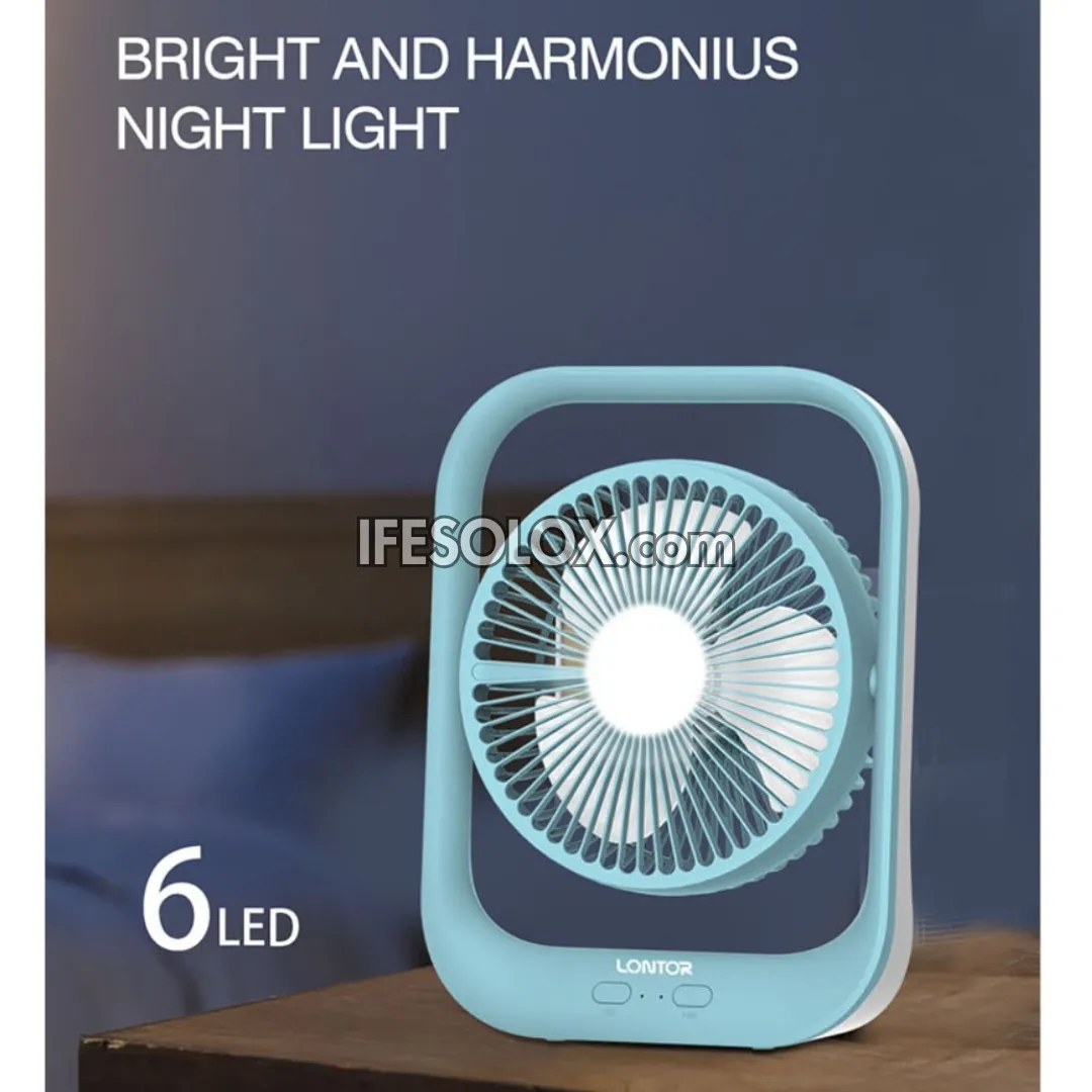 LONTOR 7" Rechargeable Mini Table Fan with 3-Blades and Harmonious Night Light (CTL-CF096-7) - Brand New