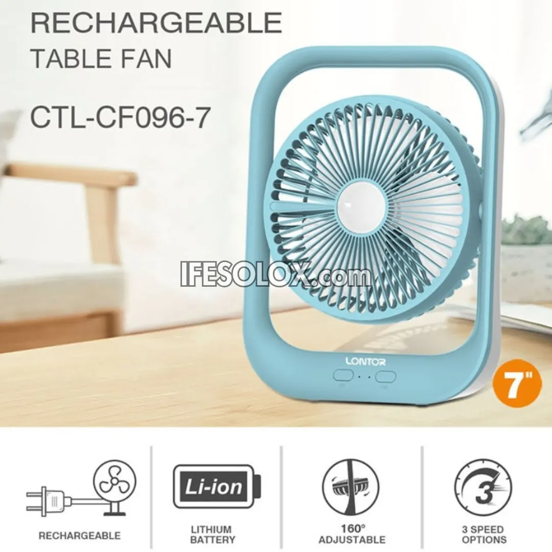 LONTOR 7" Rechargeable Mini Table Fan with 3-Blades and Harmonious Night Light (CTL-CF096-7) - Brand New