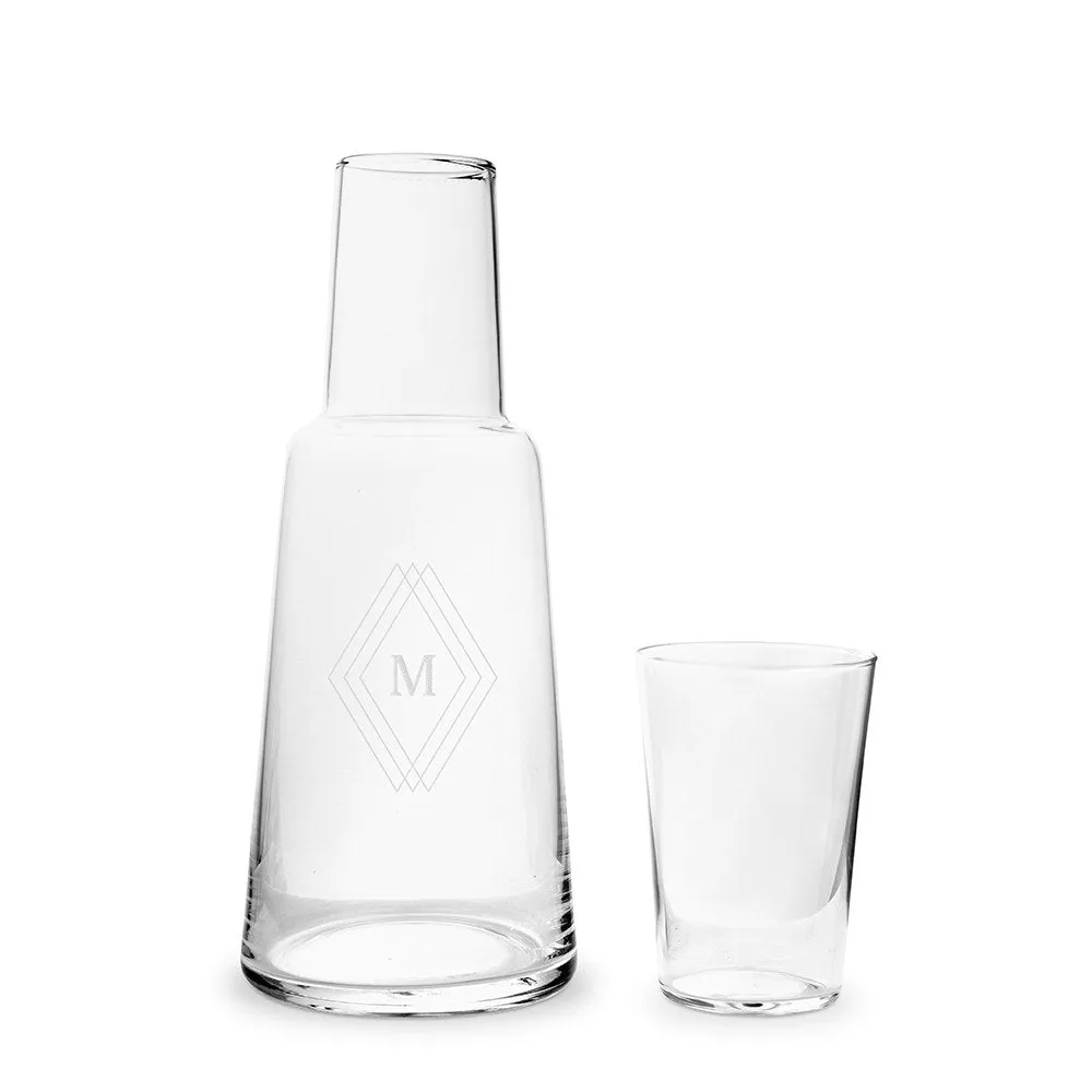 MONOGRAM ENGRAVED BEDSIDE WATER CARAFE AND GLASS SET - DIAMOND EMBLEM