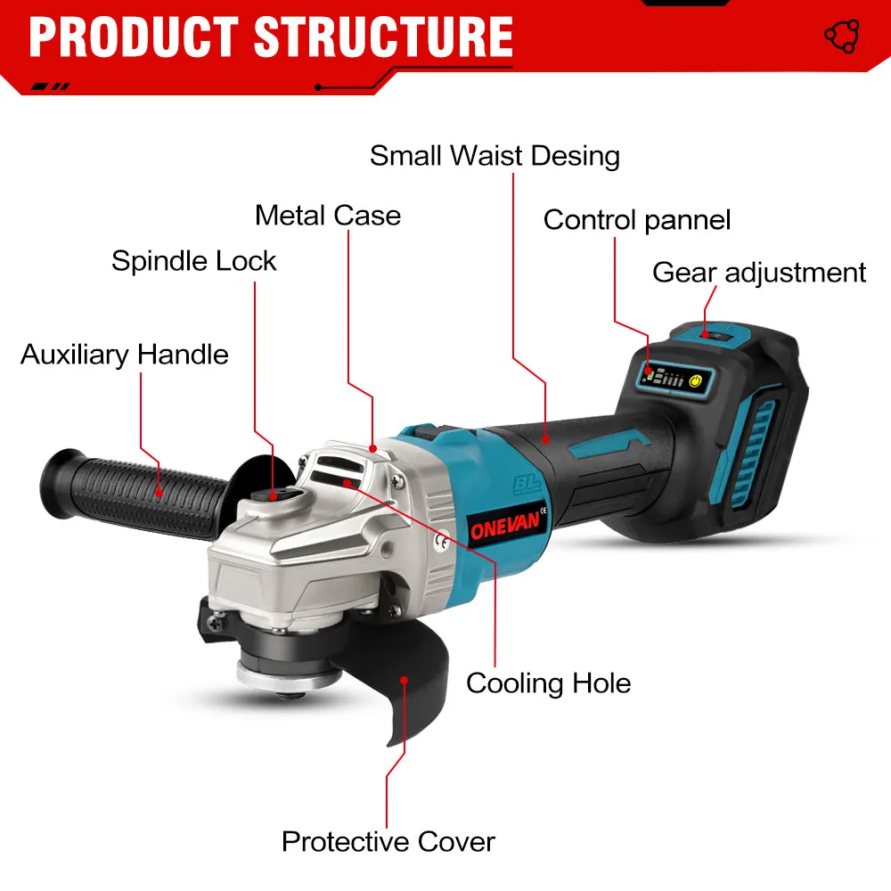 ONEVAN 1/2" 1200 Impact Wrench & 125mm Grinder & 13mm Drill Brushless Cordless 3‑Pc. Combo Kit 6.0Ah