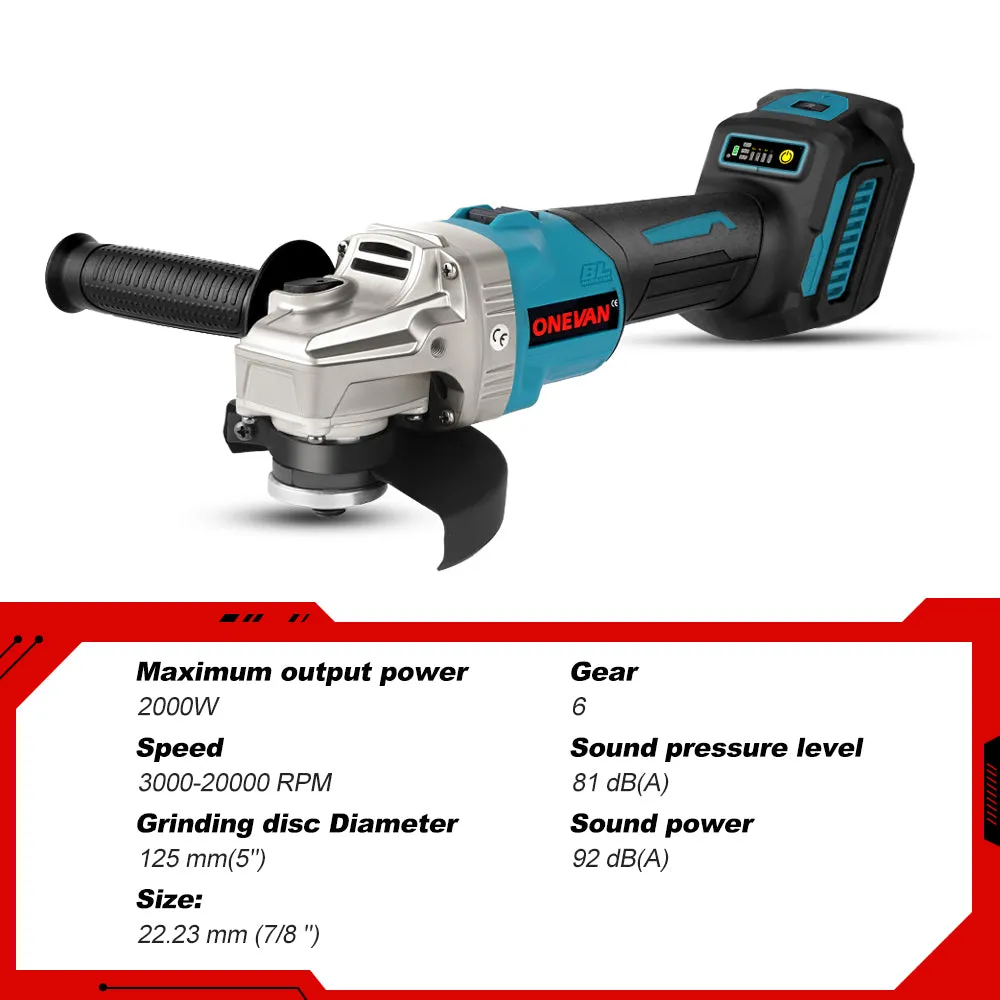 ONEVAN 1/2" 1200 Impact Wrench & 125mm Grinder & 13mm Drill Brushless Cordless 3‑Pc. Combo Kit 6.0Ah