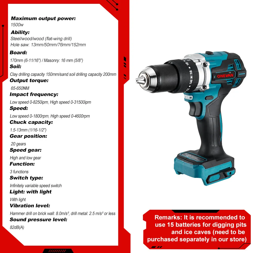 ONEVAN 1/2" 1200 Impact Wrench & 125mm Grinder & 13mm Drill Brushless Cordless 3‑Pc. Combo Kit 6.0Ah