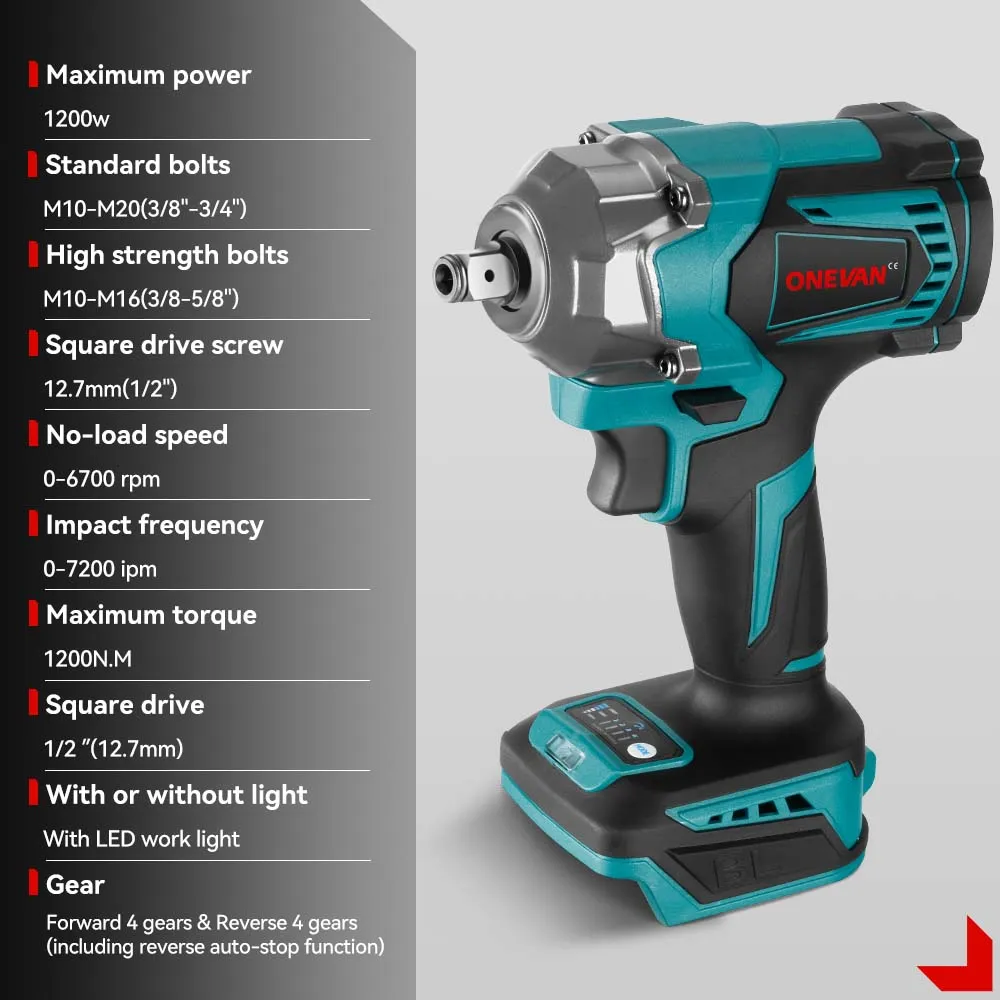 ONEVAN 1/2" 1200 Impact Wrench & 125mm Grinder & 13mm Drill Brushless Cordless 3‑Pc. Combo Kit 6.0Ah