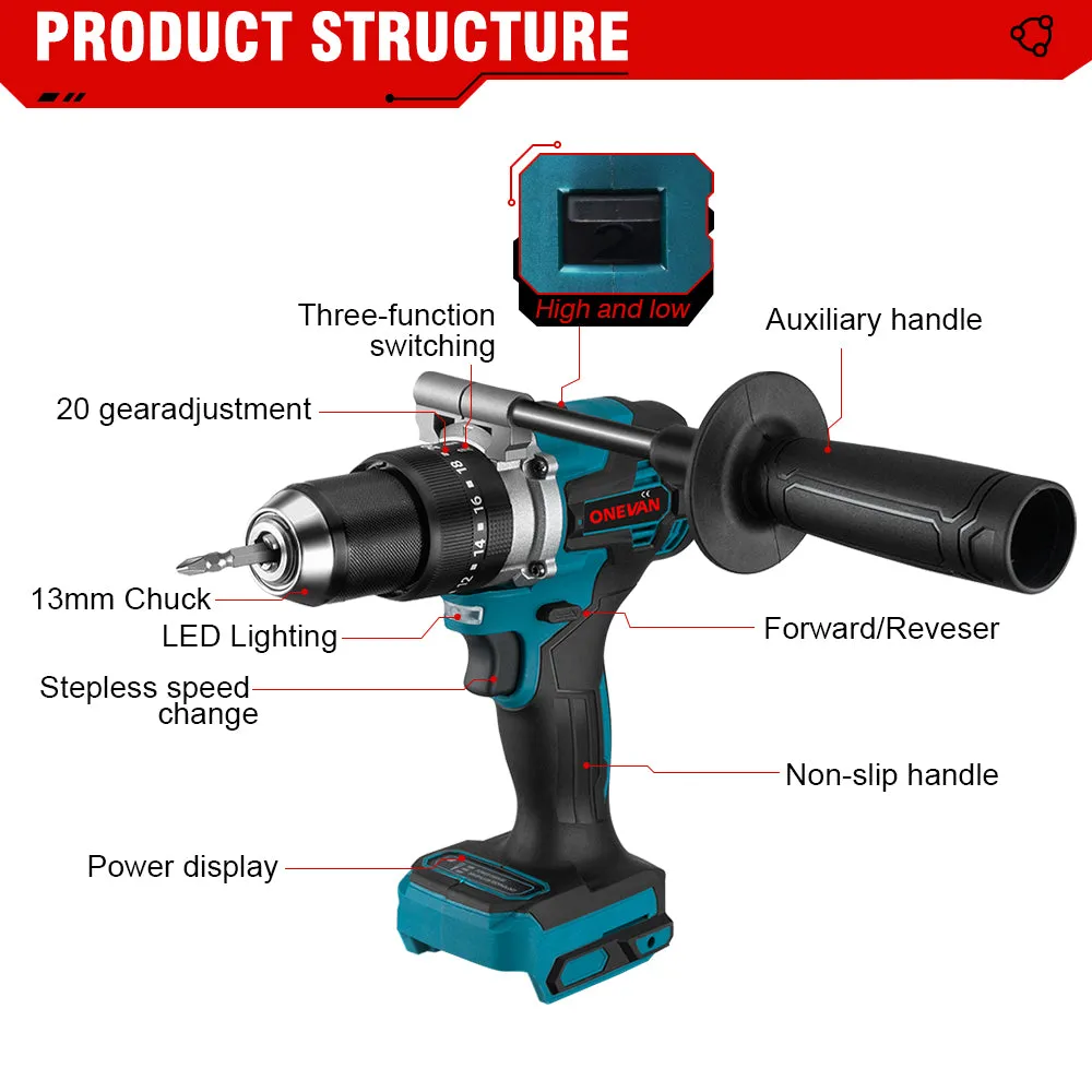 ONEVAN 1/2" 1200 Impact Wrench & 125mm Grinder & 13mm Drill Brushless Cordless 3‑Pc. Combo Kit 6.0Ah