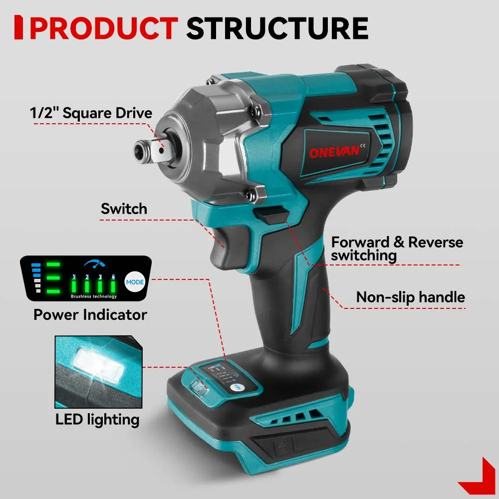 ONEVAN 1/2" 1200 Impact Wrench & 125mm Grinder & 13mm Drill Brushless Cordless 3‑Pc. Combo Kit 6.0Ah