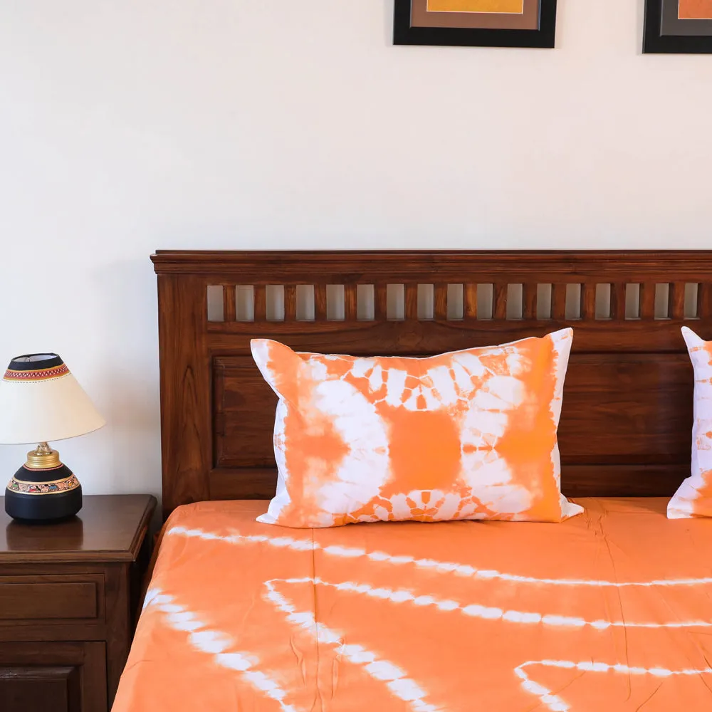 Orange - Shibori Tie Dye Pure Cotton Double Bed Cover with Pillow Covers (105 x 90 in)