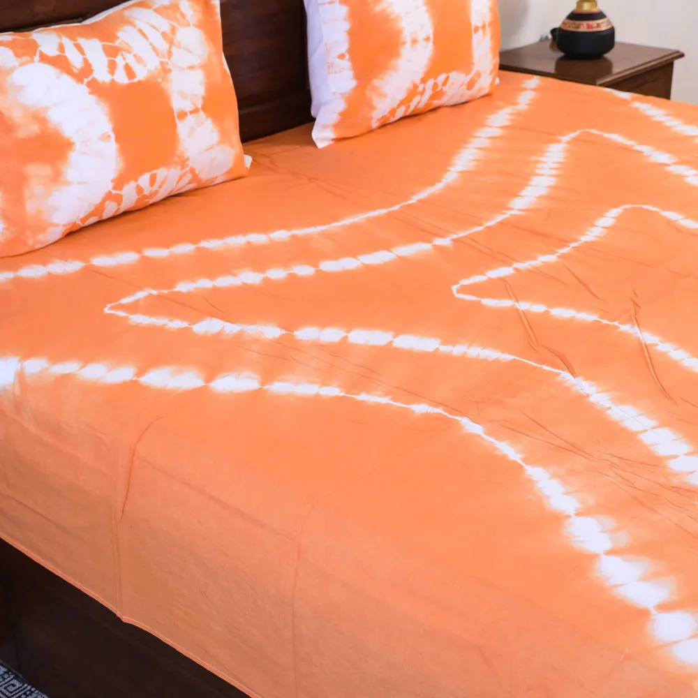 Orange - Shibori Tie Dye Pure Cotton Double Bed Cover with Pillow Covers (105 x 90 in)