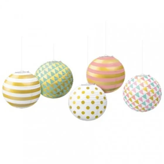 Pastel Mini Paper Lanterns with Metal Frames - Foil Hot Stamped 5Pk