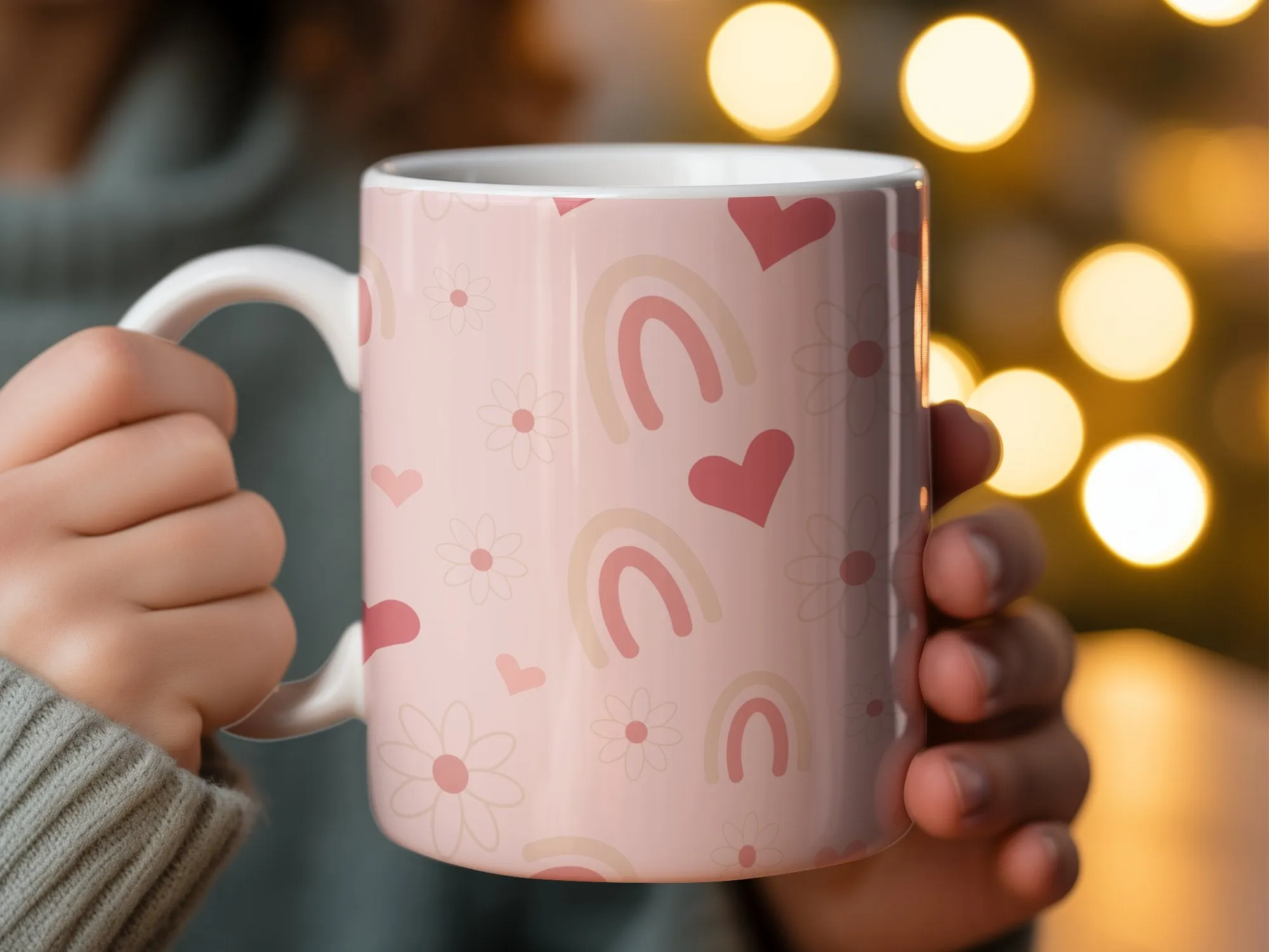 Pastel Rainbow Hearts And Flowers Mug, Aesthetic Pink Cute Coffee Cup, Unique Gift for Her, Boho Kitchen Decor