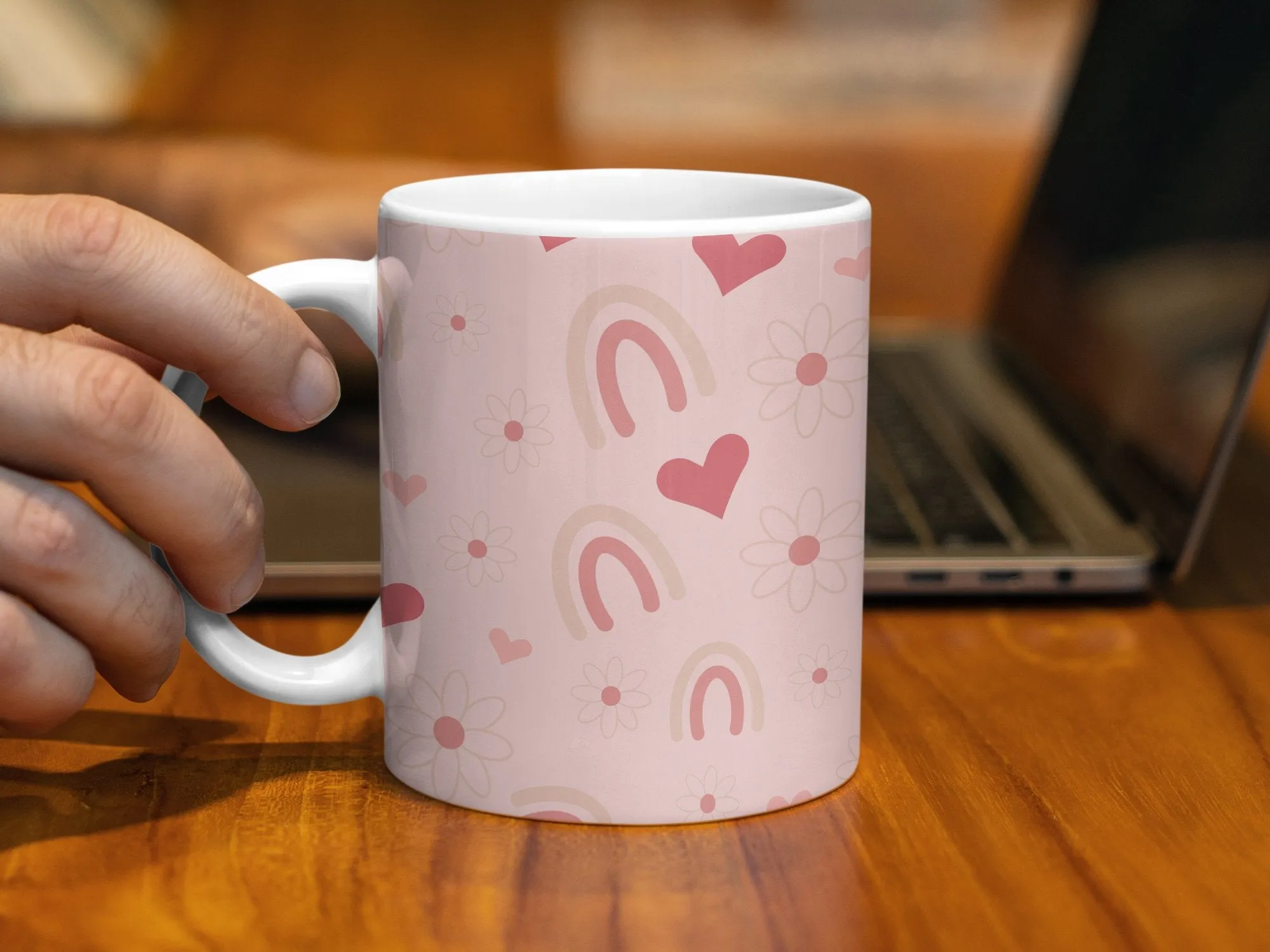 Pastel Rainbow Hearts And Flowers Mug, Aesthetic Pink Cute Coffee Cup, Unique Gift for Her, Boho Kitchen Decor