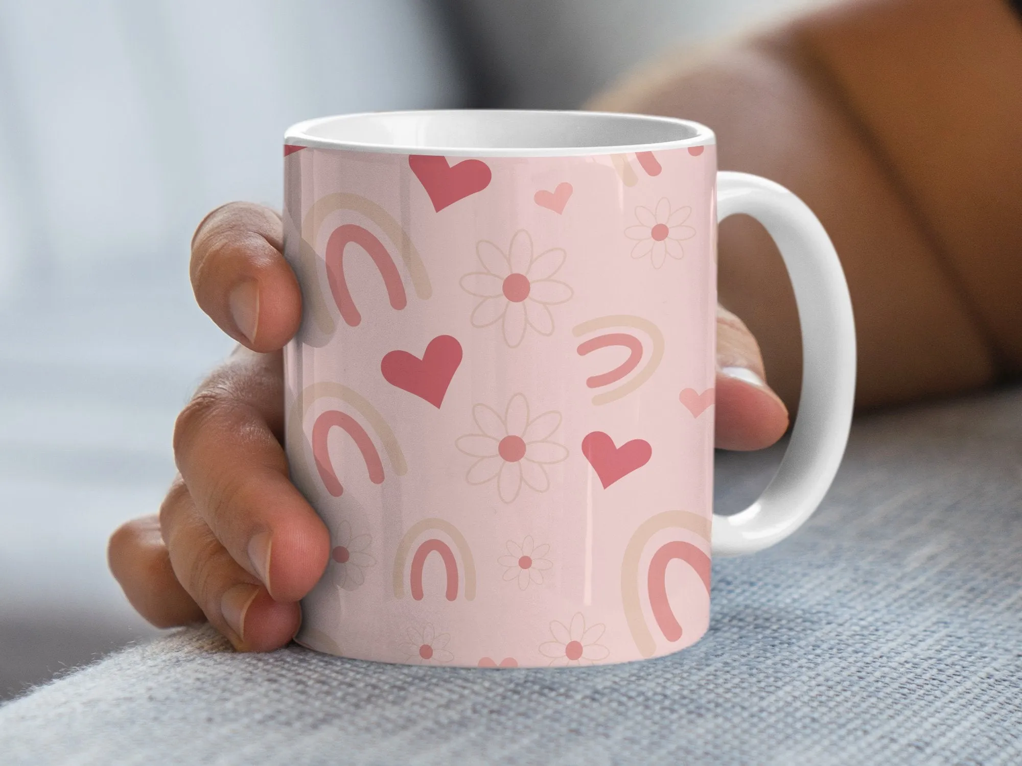 Pastel Rainbow Hearts And Flowers Mug, Aesthetic Pink Cute Coffee Cup, Unique Gift for Her, Boho Kitchen Decor