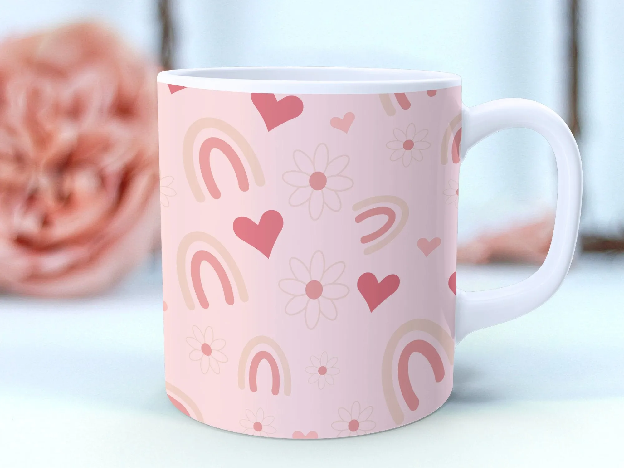 Pastel Rainbow Hearts And Flowers Mug, Aesthetic Pink Cute Coffee Cup, Unique Gift for Her, Boho Kitchen Decor