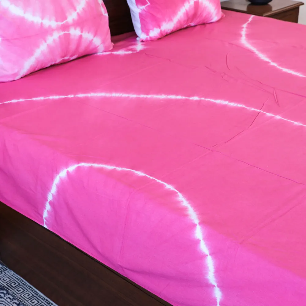 Pink - Shibori Tie Dye Pure Cotton Double Bed Cover with Pillow Covers (105 x 90 in)