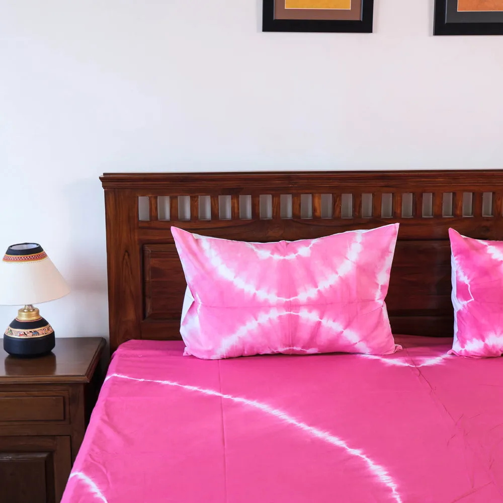 Pink - Shibori Tie Dye Pure Cotton Double Bed Cover with Pillow Covers (105 x 90 in)