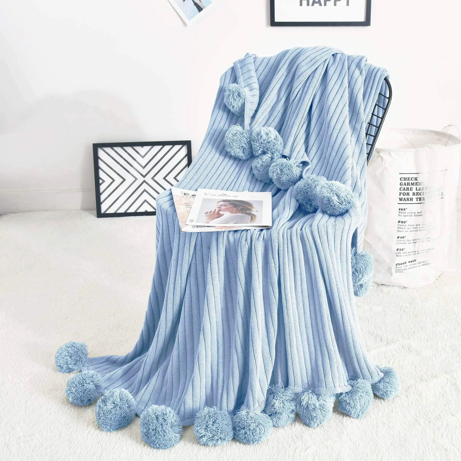 Pom Pom Blue Cotton Blanket