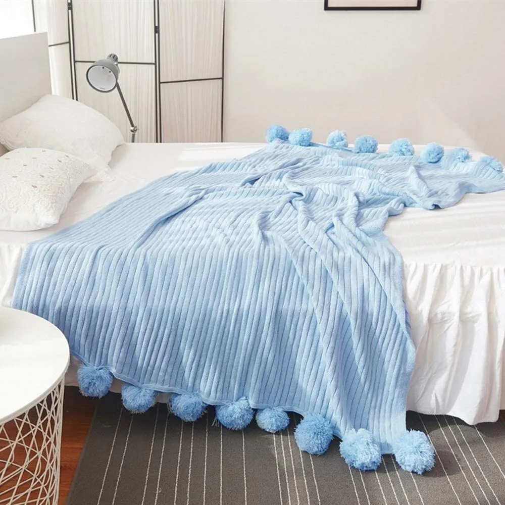 Pom Pom Blue Cotton Blanket